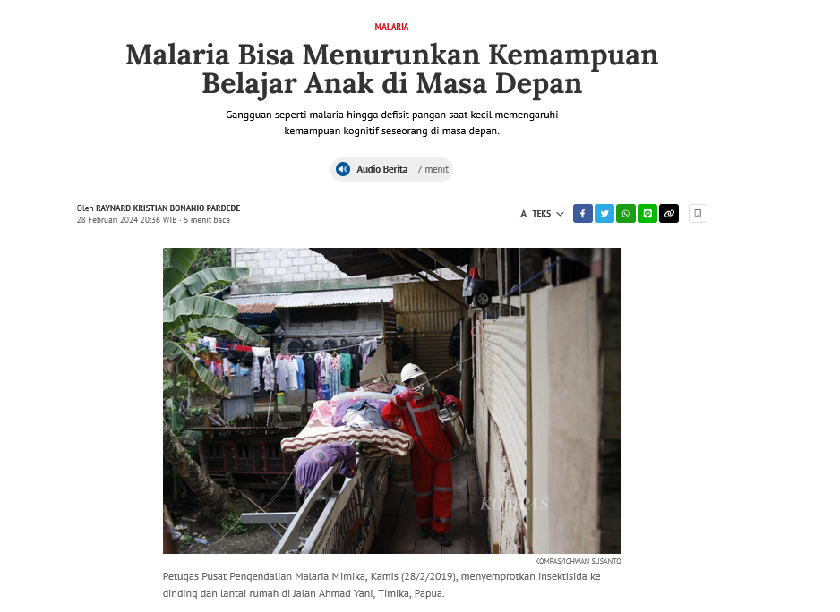 Malaria bisa menurunkan kemampuan belajar anak di masa depan